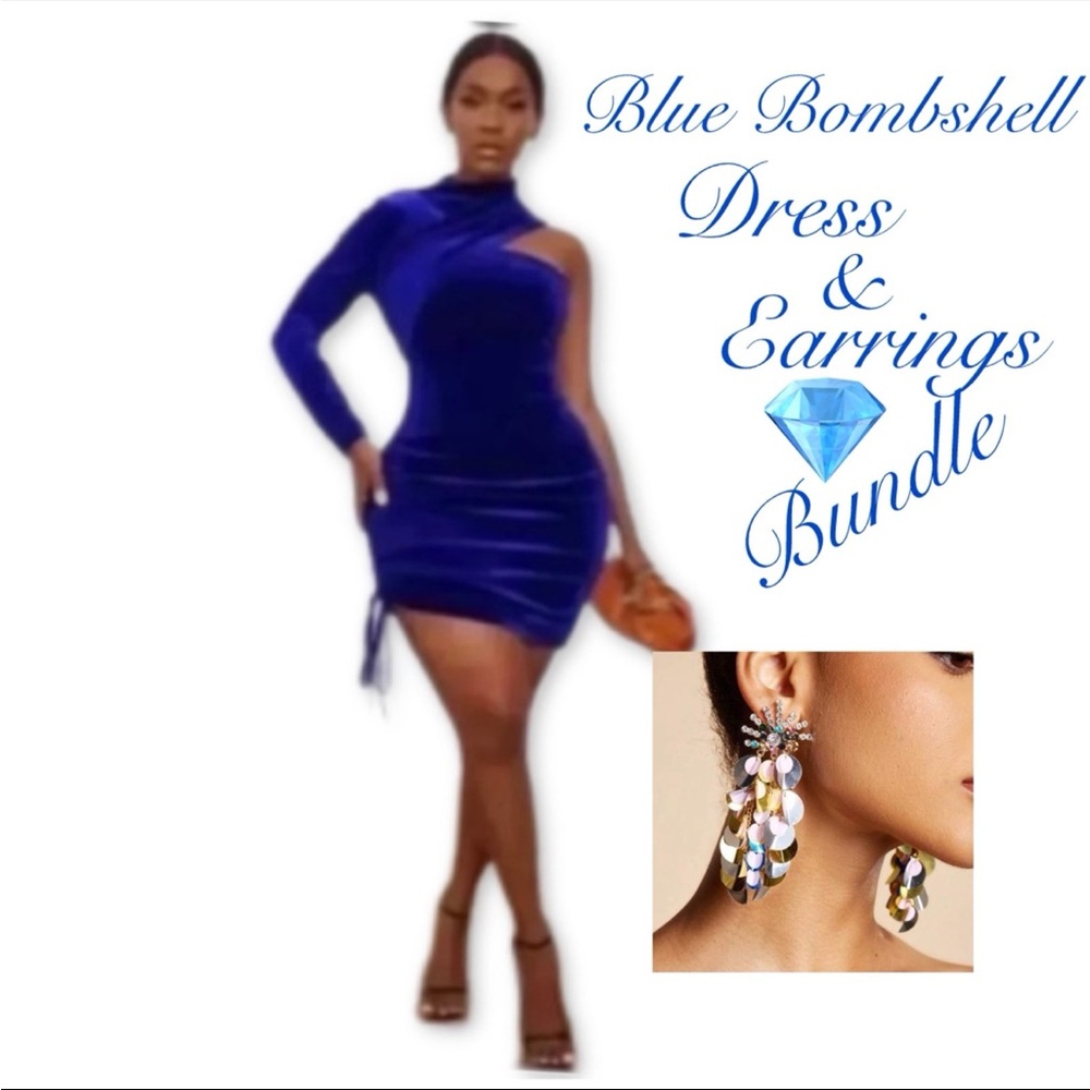 Blue One-Shoulder Dress and Earrings Bundle